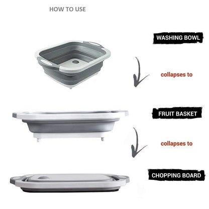 Silicone Based Kitchen Foldable Cutting | Chopping Board | Collapsible Dish Tub | Vegetable | Fruit Washing | Draining Basket with Plug | Folding Washbasin