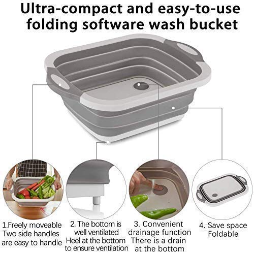 Silicone Based Kitchen Foldable Cutting | Chopping Board | Collapsible Dish Tub | Vegetable | Fruit Washing | Draining Basket with Plug | Folding Washbasin