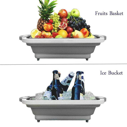 Silicone Based Kitchen Foldable Cutting | Chopping Board | Collapsible Dish Tub | Vegetable | Fruit Washing | Draining Basket with Plug | Folding Washbasin