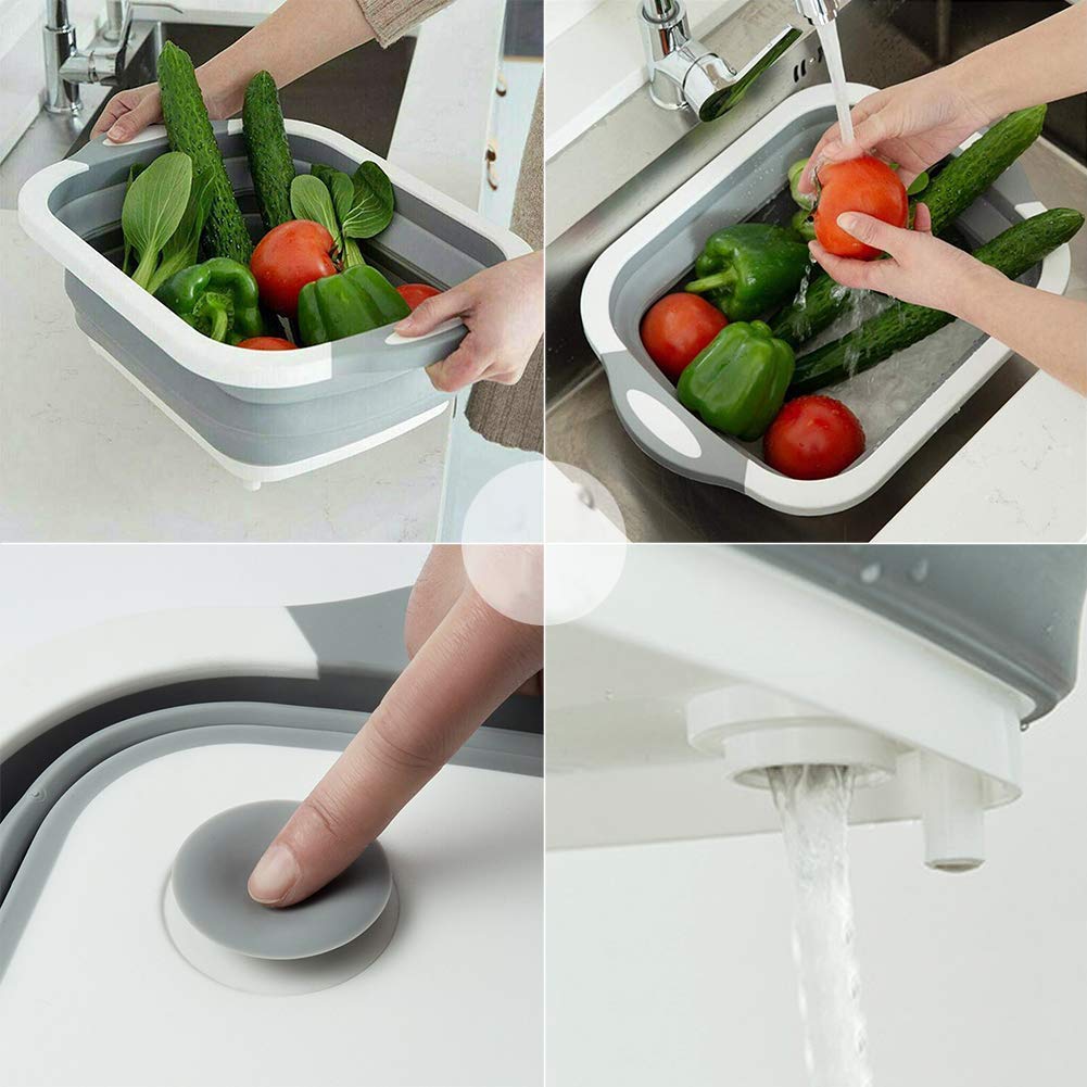 Silicone Based Kitchen Foldable Cutting | Chopping Board | Collapsible Dish Tub | Vegetable | Fruit Washing | Draining Basket with Plug | Folding Washbasin