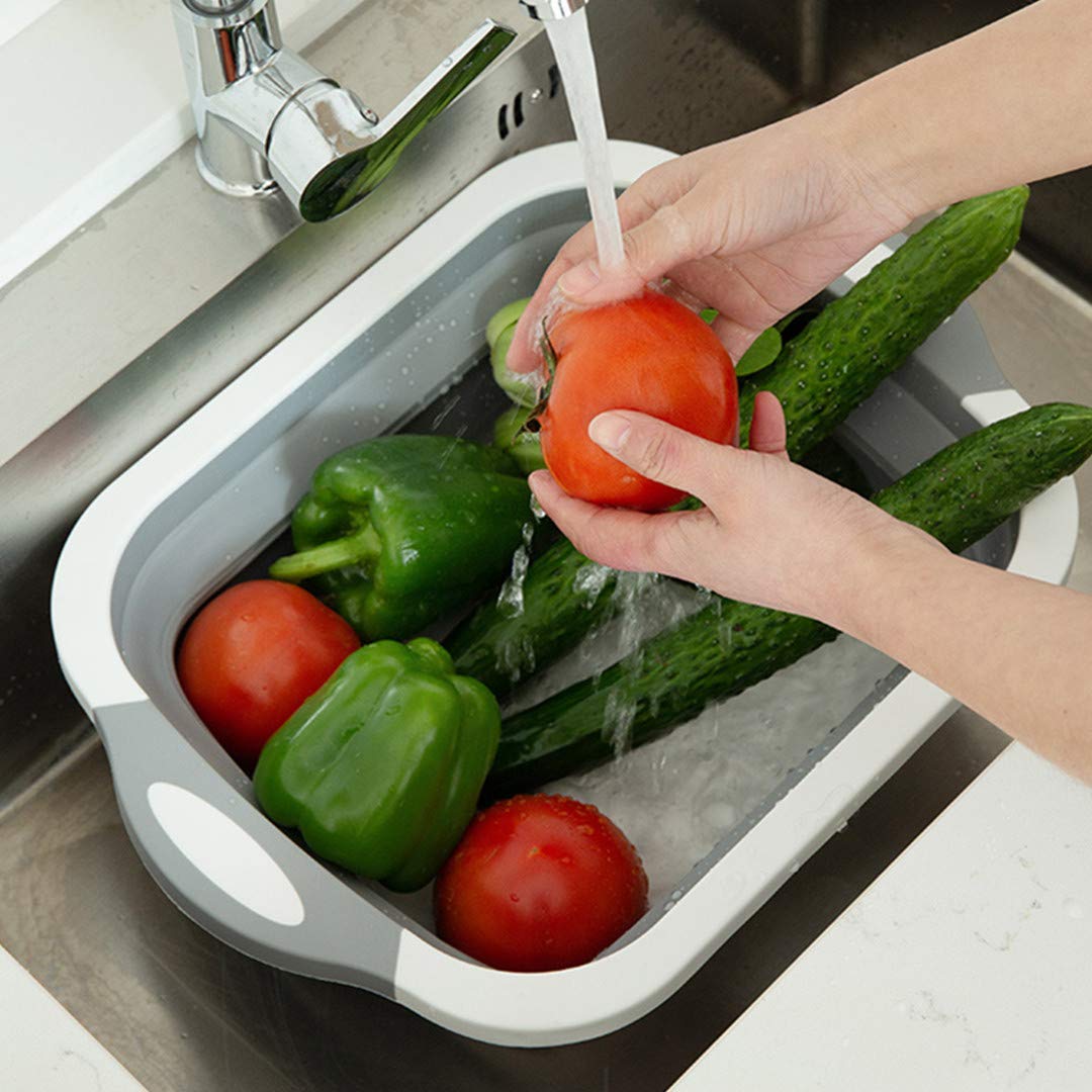 Silicone Based Kitchen Foldable Cutting | Chopping Board | Collapsible Dish Tub | Vegetable | Fruit Washing | Draining Basket with Plug | Folding Washbasin